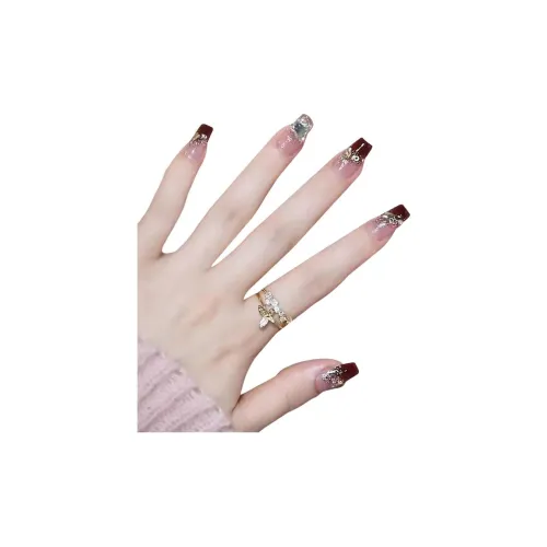 OUYUJI Кожа Flattering False Nail Бургунди Градиентное Сердце Стразы Наклейка на Ногти Длинные Ленты для Ногтей