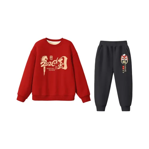 SNOOPY [Новогодний Edition С флисовой подкладкой Худи Свитшоты Набор] Красный Nubi Китай Лошадь_5+Черный Fu Лев Nubi X_K5 Пре-школьная Повседневная Спортивная одежда