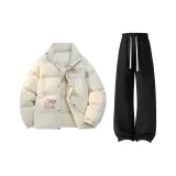 Айвори Белый Хлопковый пуховик + Черные штаны с флисовой подкладкой