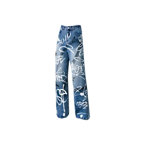 SNEIKLAU Синий с буквой граффити принт унисекс джинсы