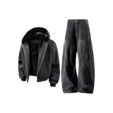 Black Cotton Down Jacket + Black Jeans  
Черный хлопковый пуховик + черные джинсы