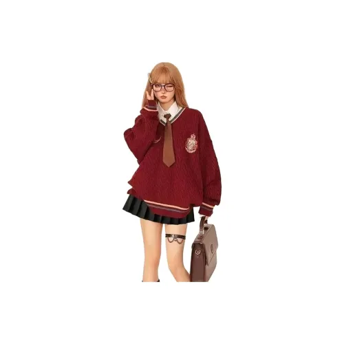 MDEHT Красный Свитер+Рубашка+Юбка с оборками+Галстук Женские Комплекты с юбкой