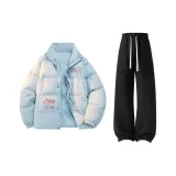 Светло-синий хлопковый пуховик + черные штаны с флисовой подкладкой