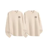 [2 шт Теплый Флис Круглый Шея] Абрикос (Mf Винтажный Коричневый С принтом Логотип на груди) + Абрикос (Mf Винтажный Коричневый С принтом Логотип на груди)