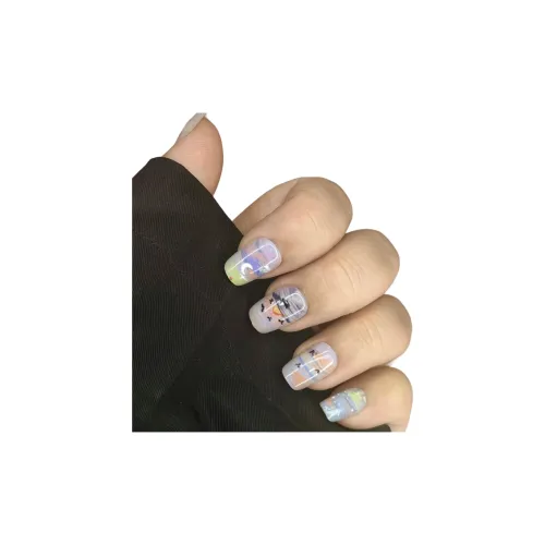 OUYUJI Укороченный Handcrafted False Nail Темно-синий Кошачий глаз Сияние заката Наклейка для ногтей Съемный Ногти