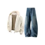 Хаки хлопковый пуховик + винтажные синие джинсы