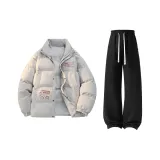 Светло-серый хлопковый пуховик + черные штаны с флисовой подкладкой