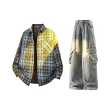 Синие Коричневые Клетчатые Пальто + Желтые Грязные Штаны