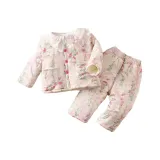 Розовый-A-2 Моне Цветочный Двойной Карман Термический Флисовый Подклад Теплый Комплект Верхняя Одежда