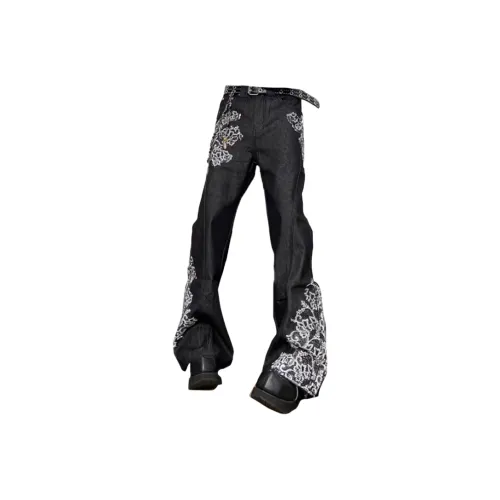 SNEIKLAU Черный [Китайская модная тенденция кружево вышивка] Унисекс Джинсы