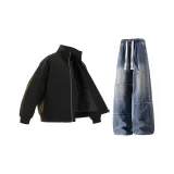 Чёрный хлопковый топ + синие джинсы