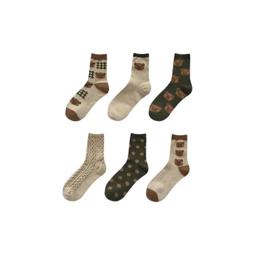 Beerus Клетчатый+Медвежонок+BIG Медвежонок+TWISTED Жареное тесто+Гороховый узор+3 шт Медвежонок Женские MID Носки до икры