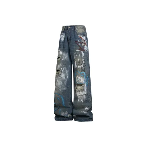 QEWBG Темно-синий [Граффити Широкие Штаны Версия] Унисекс Джинсы