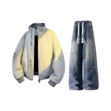 Серый хлопковый пуховик + синие джинсы