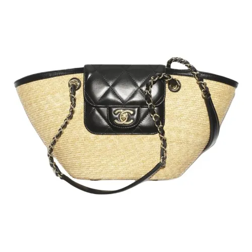 Chanel Ткань из соломы с овечьей кожей маленькая сумка женская бежевая и черная