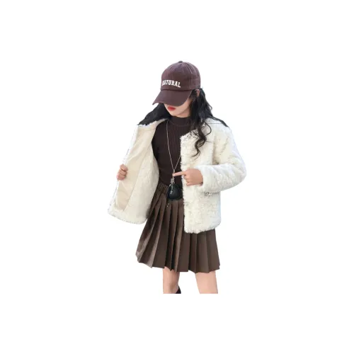 YALU Комплект Бежево-абрикосовое Пальто + Кофейный Базовый слой + Кофейная кожаная юбка Школьный комплект с юбкой