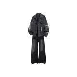 Чёрный Серый Топ Куртка + Чёрный Серый Низ Джинсы