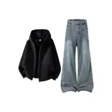 Чёрное пальто + ностальгические синие джинсы