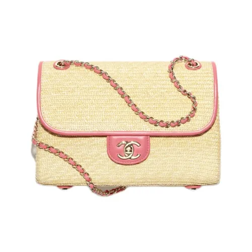 Chanel Ткань из соломы с овечьей кожей сумка через плечо маленькая женская бежевая и коралловая