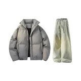 Серый пуховик + желтые грязные джинсы с флисовой подкладкой