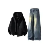 Чёрное пальто + тёмно-синие джинсы