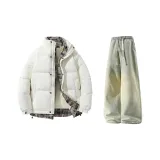 Экрю (Пуховик) + Желтые грязные джинсы с флисовой подкладкой