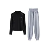 Черное пальто, двухкомпонентный комплект (светло-серые штаны)