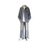 Gray Drawstring + Long White T-Shirt + Blue Jeans [Трехкомпонентный комплект]