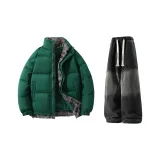 Зеленый (пуховик) + черные джинсы с флисовой подкладкой