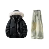 Чёрный + Желтый Грязь Джинсы с Флисовой Подкладкой