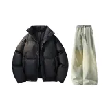 Чёрный пуховик + жёлтые грязные джинсы с флисовой подкладкой