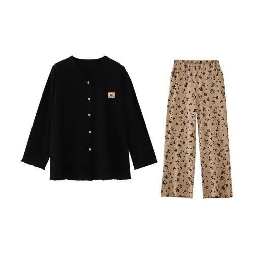 XIPOPIN Весенний Осенний Сезон Пижамы и Домашняя Одежда Женская Графитовый Черный