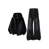 Чёрное пальто + чёрные серые джинсы