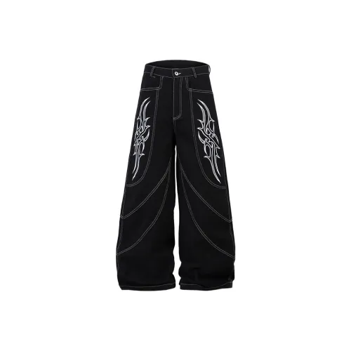 QEWBG Черный [Вышивка Улучшенный Ten Thousand Needles] Унисекс Джинсы