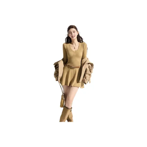 YICHAI Khaki Женские Длинные Платья с Длинными Рукавами