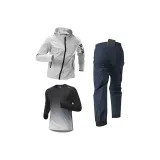 Трехкомпонентный комплект (Светло-серое пальто + Черно-серый облегающий топ с длинным рукавом + Королевские синие штаны)