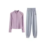 Фиолетовое пальто, двухкомпонентный комплект (светло-серые штаны)