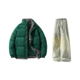 Зеленый (пуховик) + желтые грязные джинсы с флисовой подкладкой