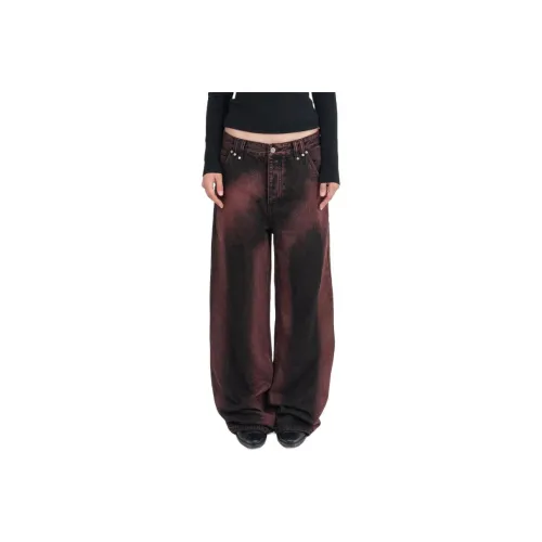 PROTEMOA Бордовый Потертый Градиент Унисекс Джинсы