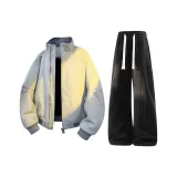 Серый хлопковый пуховик + черные флисовые тренировочные штаны