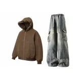 Кофейный топ + синие штаны