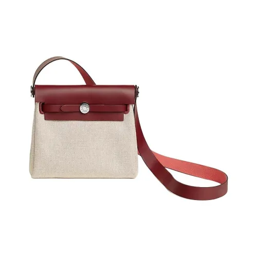 HERMES Herbag Zip Холст и Кожа Сумка через плечо Женская Красная и Бежевая