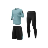 Трехкомпонентный комплект (Синяя зеленая рубашка с длинным рукавом + синие зеленые шорты + черные штаны)