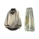 Хаки + Желтый Грязь Джинсы с Флисовой Подкладкой