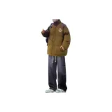 Хлопковый пуховик коричневого цвета + черные и серые джинсы