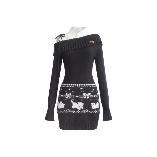 UNIFREE Черное Женское Длинное Платье с Длинными Рукавами