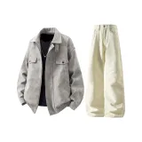 Серый куртка + абрикосовые штаны