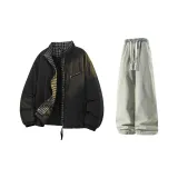 Чёрный пуховик + жёлтые грязные джинсы с флисовой подкладкой