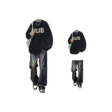 Флисовая подкладка, черный свитшот + винтажные синие джинсы K109 [2 упаковки]