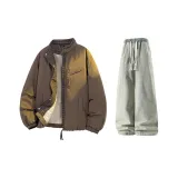 Кофейный пуховик + желтые джинсы с эффектом грязи, с флисовой подкладкой